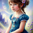 Young girl with floral crown and white rabbit in cosmic setting