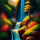 Scenic painting of waterfall, river, foliage, and sunset