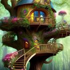 Whimsical treehouse with curving staircase in lush greenery