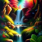 Vibrant painting of cascading waterfall and lush trees