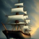 Tall ship with white sails in stormy ocean sunset