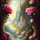 Fantasy landscape with waterfall, castle, roses, and golden tower