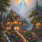 Tranquil fantasy landscape with stone cottage, waterfall, lush flora, boats, and glowing peak