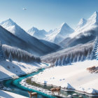 Snow-covered mountains, pine trees, winding river, deer, and clear blue sky in serene winter landscape