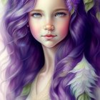 Digital portrait of woman with long purple wavy hair, adorned with blue and purple flowers, wearing white