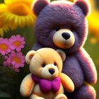 Pair of Plush Teddy Bears with Colorful Scarves in Flower Garden