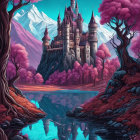 Gothic castle and pink foliage in twilight landscape