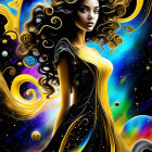 Woman with floral headdress and cosmic backdrop featuring swirling golden patterns and planets.