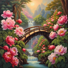 Tranquil landscape with wooden bridge, stream, pink flowers, and waterfall