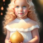 Curly Blonde-Haired Child in White Dress Holding Cupcake