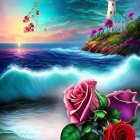 Fantasy seascape with lighthouse, moon, glowing waves, and vibrant roses