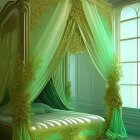 Luxurious Room with Tall Windows, Green Curtains, Floral Decor, and Crystal Chandelier