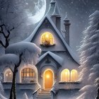 Snow-covered Victorian-style house at twilight with illuminated street lamps