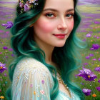 Teal-haired woman in floral crown against lavender field backdrop wearing sheer dress