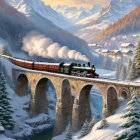 Vintage steam train on snow-covered stone bridge at sunset