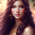 Illustration of woman with long wavy purple hair and golden accessories in floral setting