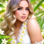 Smiling woman with wavy hair and bouquet on leafy background