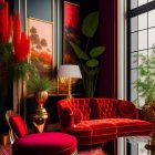 Luxurious Dark Room with Red Velvet Sofa, Gold Accents, and Exotic Plants