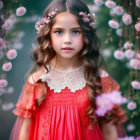 Young girl in red dress with lace collar by Christmas tree with white flowers