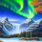 Northern Lights Shine Over Snowy Mountains, Waterfall & Pine Forest