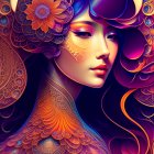 Vibrant digital artwork: Woman with purple hair, ornate flowers, and gold embellishments