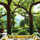 White Sofas and Yellow Cushions in Outdoor Lounge Area