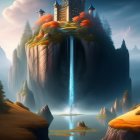 Majestic fairytale castle on steep rock with waterfalls and serene lake