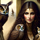 Illustrated woman with green eyes, adorned cats, colorful bird in golden setting