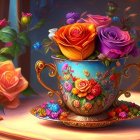 Colorful digital artwork: Floral-painted teapot with fresh flowers on wooden surface