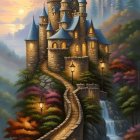 Fairytale castle with blue rooftops in misty forest and waterfall