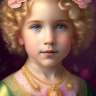 Young Child Portrait: Curly Blonde Hair, Green Dress with Gold Trim