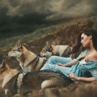 Woman in Blue Dress Relaxing with Three Dogs Outdoors