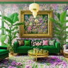 Luxurious Living Room with Green Velvet Sofas and Vibrant Art