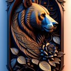 Stylized fox's head surrounded by roses, daisies, locket, and celestial motifs