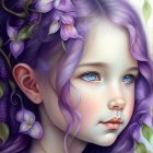 Digital illustration: Woman with violet hair and floral headpiece, serene expression & detailed makeup