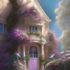 Pink house with purple wisteria and blooming flowers under serene sky