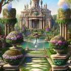 Majestic fountain centerpiece in enchanting garden surrounded by lush greenery, vibrant flowers, and orn