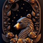 Intricate fox head surrounded by golden flowers in oval frame