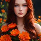 Woman with Blue Eyes and Red Hair Among Orange Flowers