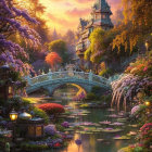 Stone bridge over pond, flowers, fairytale castle, sunset sky