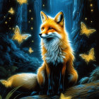 Fox on Branch Surrounded by Butterflies in Enchanting Forest