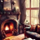 Cozy room with fireplace, exposed brick, large window, mirror, seating & faux fur rug