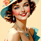 Stylized digital artwork of a woman with green eyes and floral hat