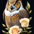 Digital artwork: Owl with tiger stripes, white roses, and foliage on black background