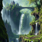 Ethereal landscape: traditional bridge over lush gorge, waterfalls, greenery