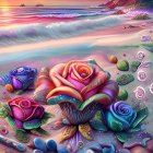 Colorful oversized lotus flowers in surreal fantasy landscape.