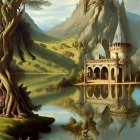 Fantasy landscape with castle, fortress, lake, tree, boat, and swans