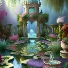 Tranquil fantasy village with blooming flowers and river gazebo