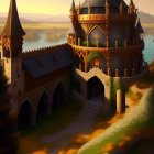 Medieval castle with spires and lush courtyard in golden hour