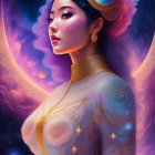 Violet-haired woman in cosmic setting with ornate gold attire.